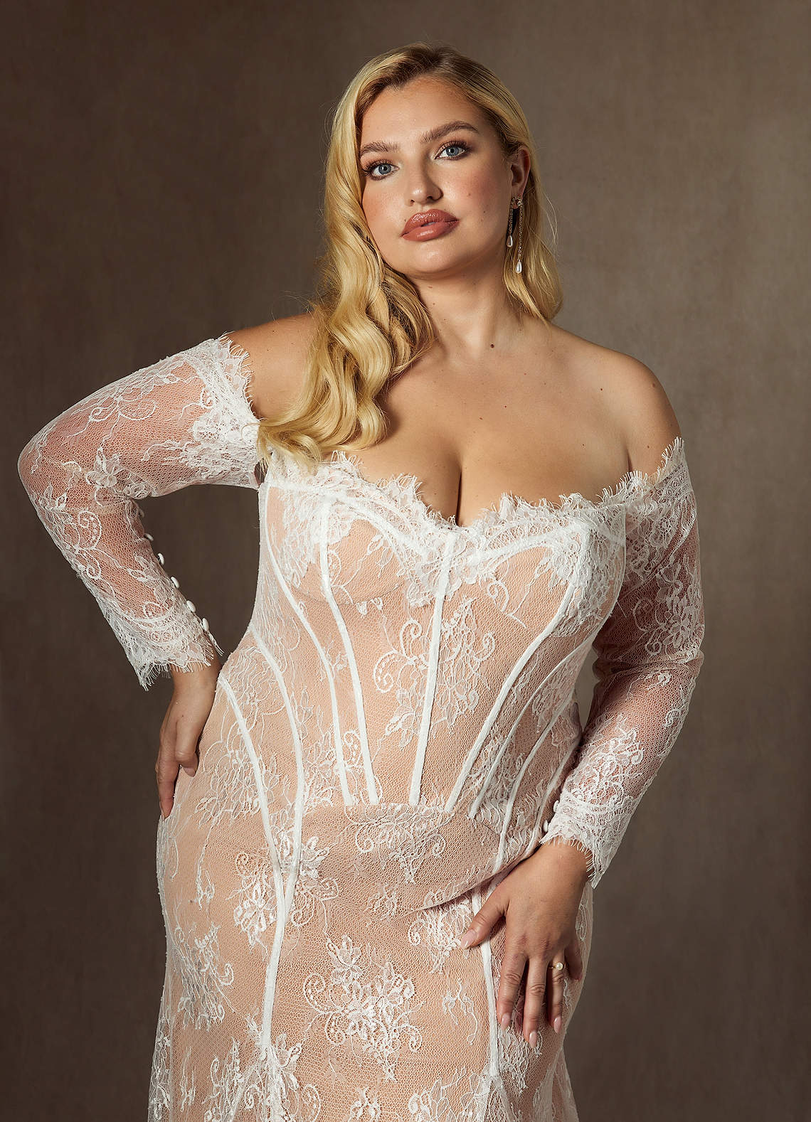 Azazie Katherine Wedding Dresses Diamond White Nude Mermaid Off the Shoulder Tulle Dress image11
