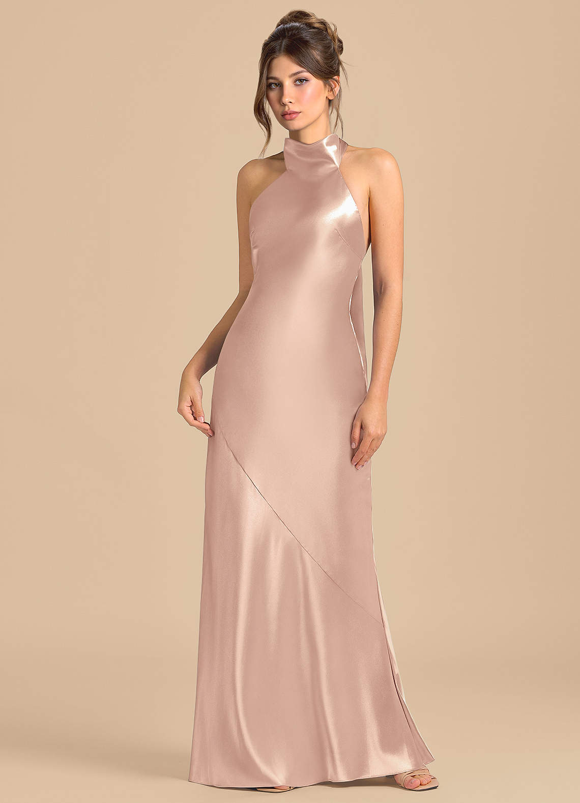 Azazie Velli Robes de demoiselle d'honneur Robe Fourreau en Satiné métallisé Col Haut Rose Perle image2