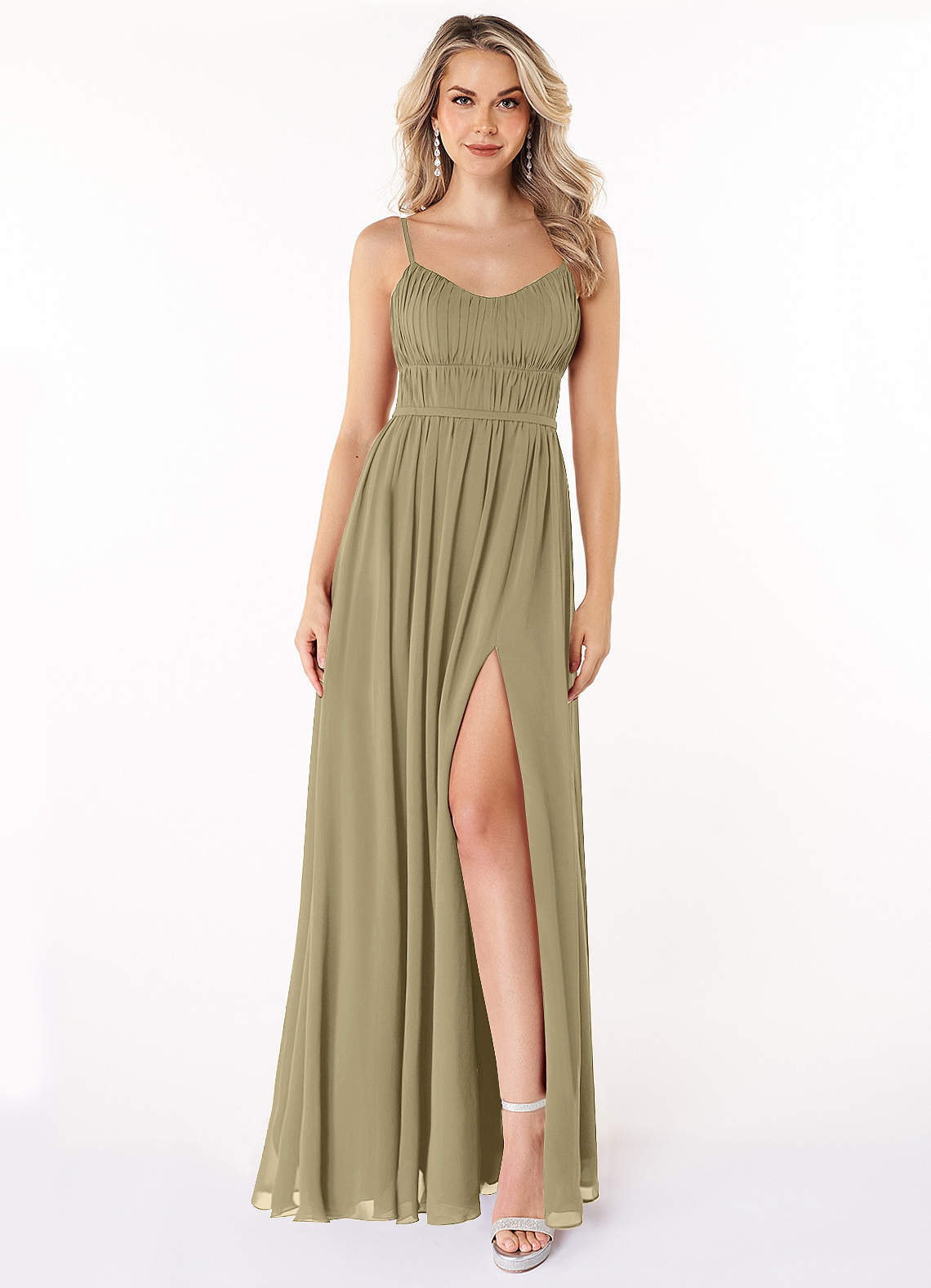 Azazie Yanelie Bridesmaid Dresses Moss Green A-Line Scoop Pleated Chiffon Dress image1
