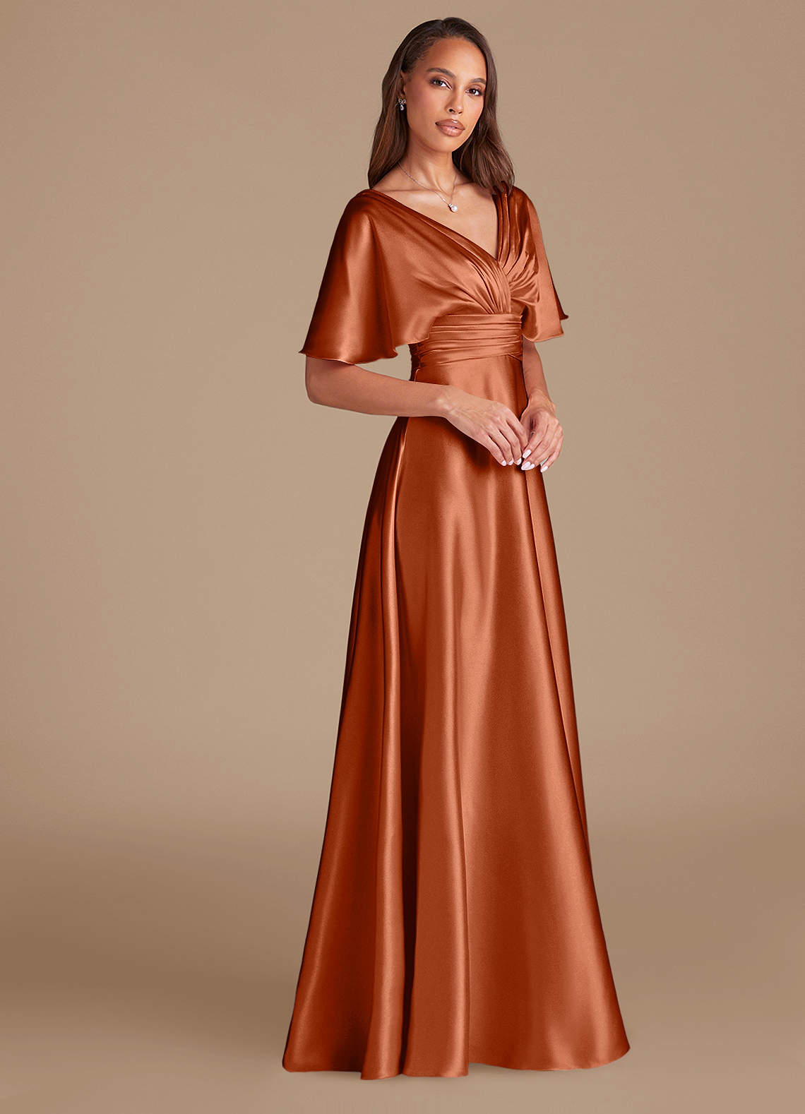 Azazie Pamela Klänningar att prova hemma Klä av A-Linje i Metallisk satin Plisserad Kastanjebrunt image2