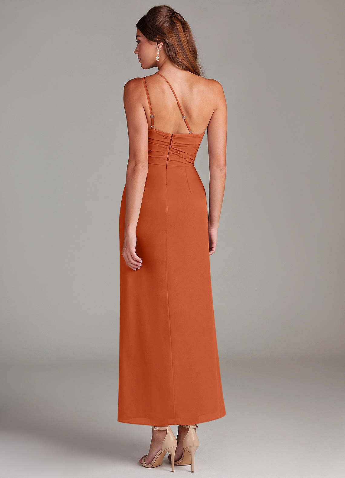 Azazie Eren Robes de demoiselle d'honneur Robe Sirène en Mousseline de soie Une épaule Orange Brûlée image6