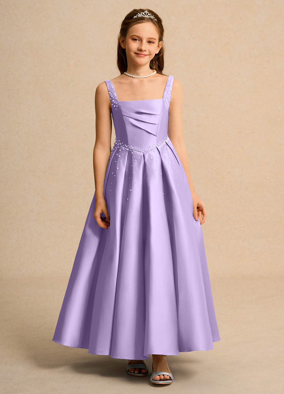 Azazie Ball-Gown Square Neck Ankle-Length Matte Satin Flower Girl Dresses - Frosted Lilac
