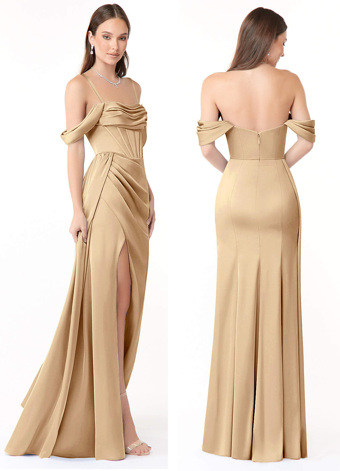 Azazie Amyra Bridesmaid Dresses Champagne Sheath Convertible Stretch Satin Dress image7