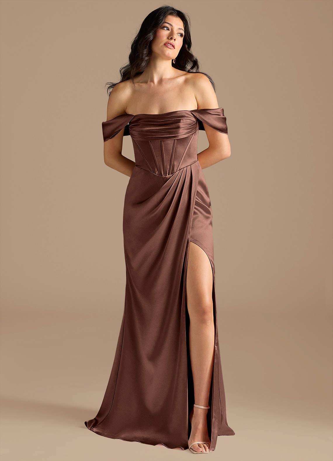 Azazie Lynden At-home Try On Dresses Auburn Sheath Off the Shoulder Metallic Satin Convertible Dress image1