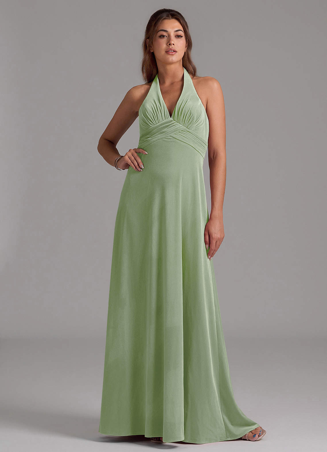 Azazie Tessie Brautjungfernkleider A-Linie Plissee Samt Kleid Staubiger Salbeigrün image1