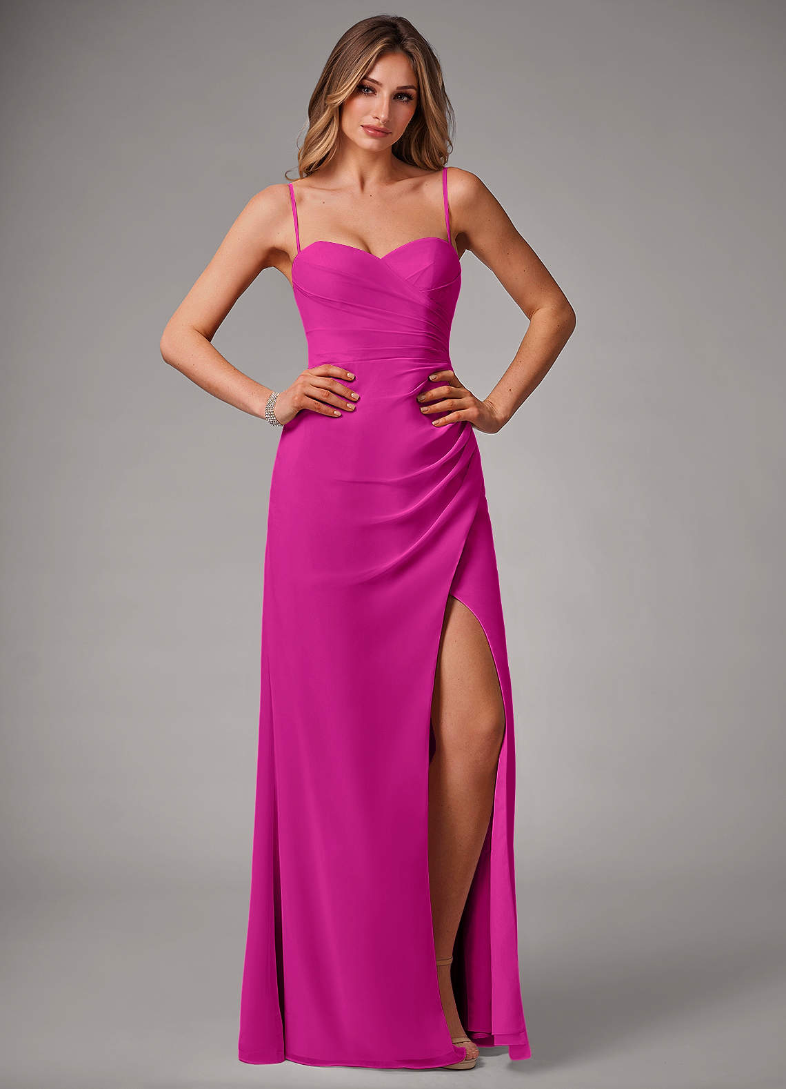 Azazie Haisley Vestidos de damas de honor Vestido de Fucsia de Gasa de Corte Recto Convertible con Vestidos sin tirantes image1