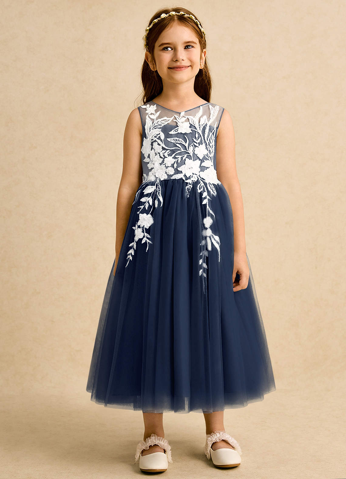 Azazie Sundae Flower Girl Dresses Dark Navy Ball-Gown Lace Dress image6