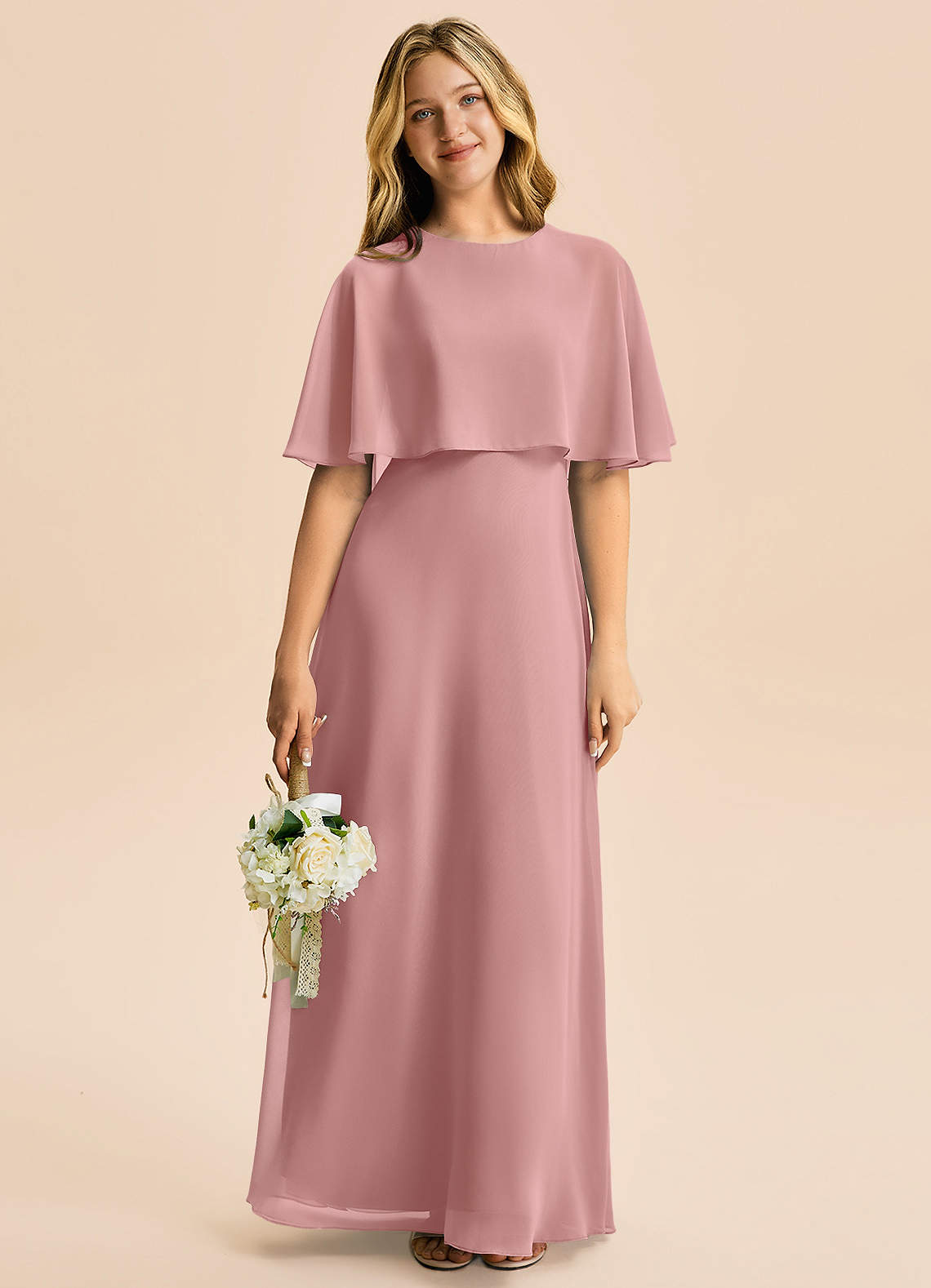 Azazie Maris Junior Abito A-Line in Chiffon Rosa Polverosa image4