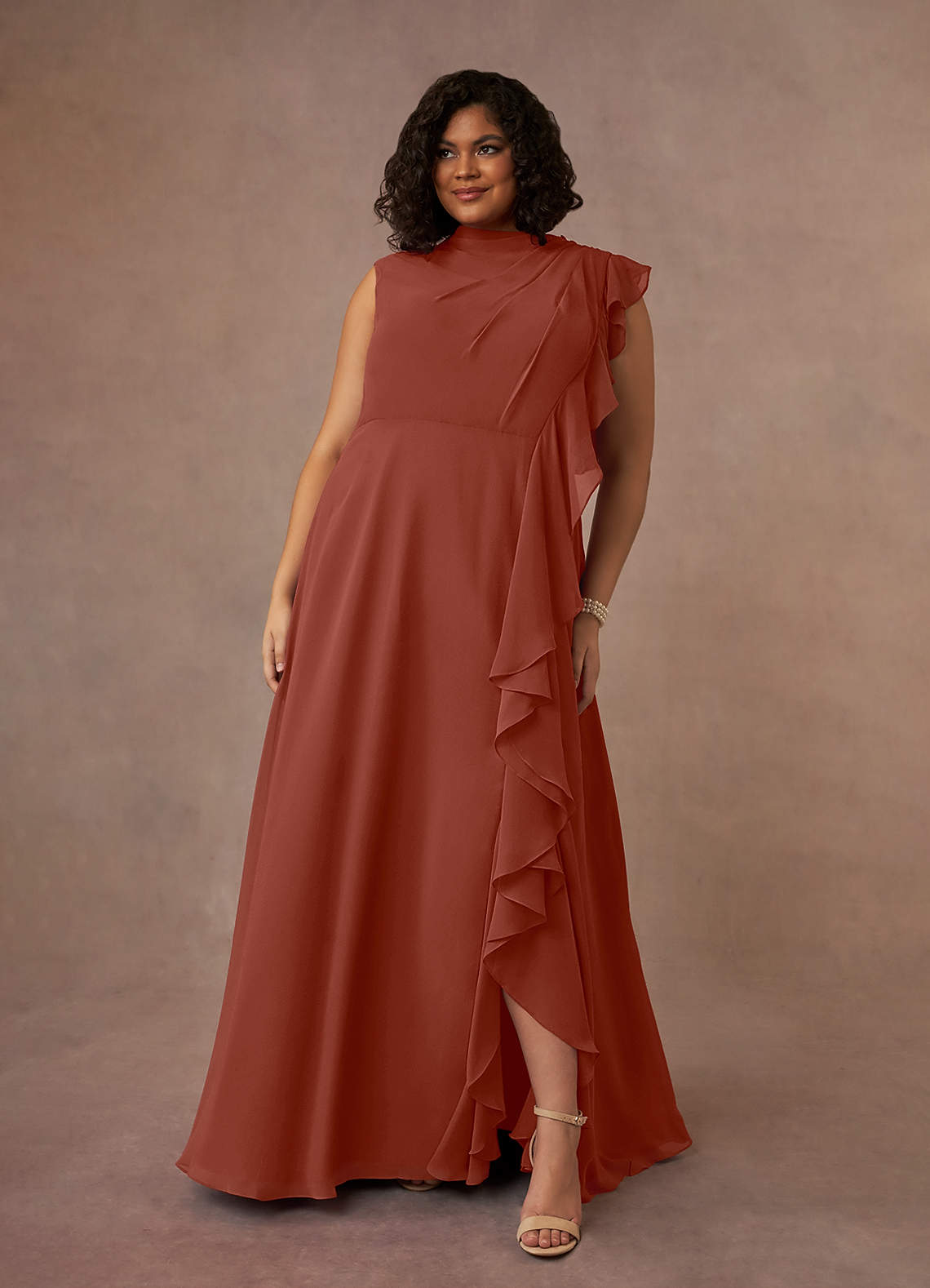 Azazie Narine Mother of the Bride Dresses Auburn A-Line High Neckline Pleated Chiffon Dress image1
