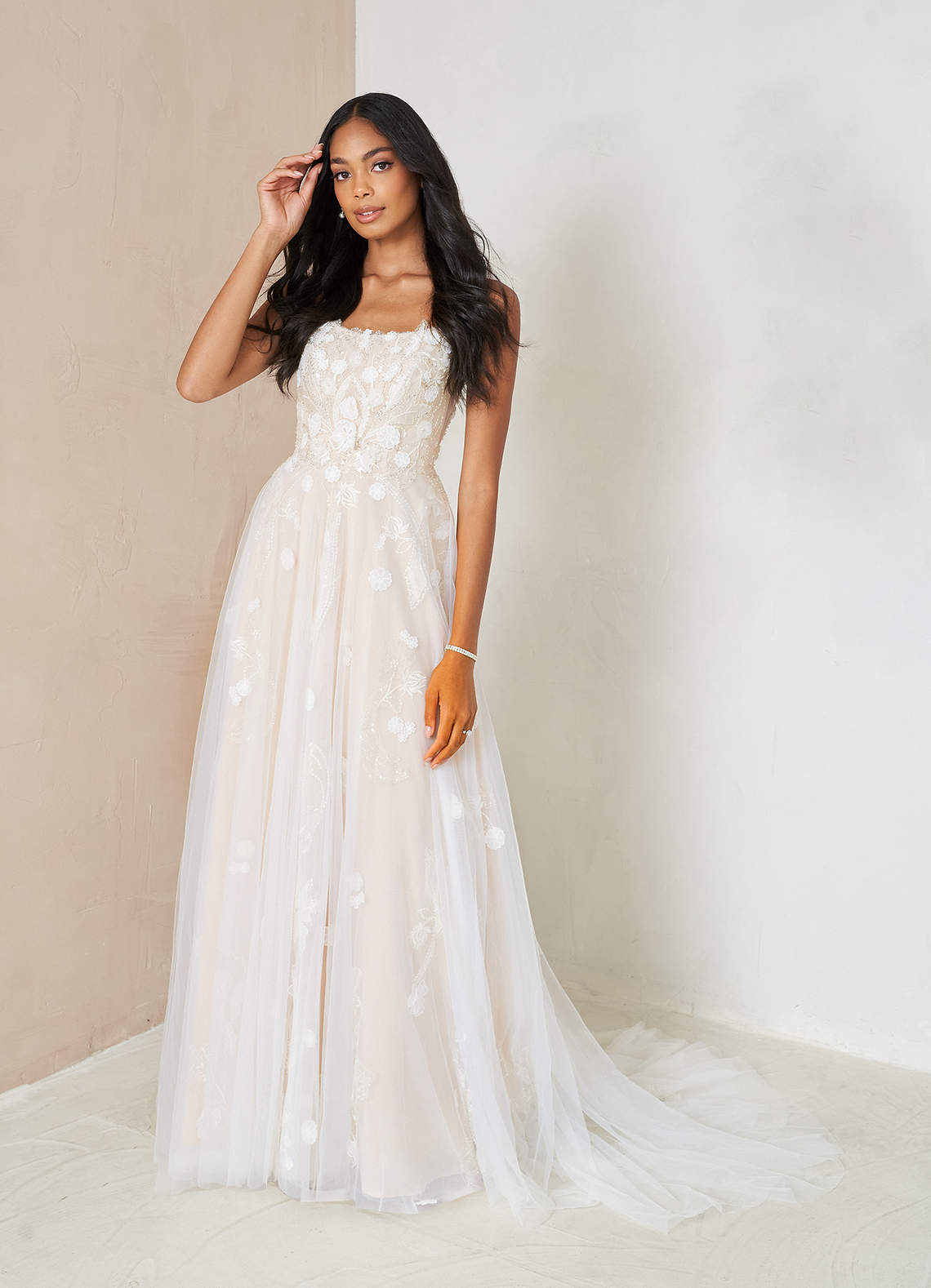 Azazie Armadan Diamond White Champagne A-Line Sequins Tulle Dress
