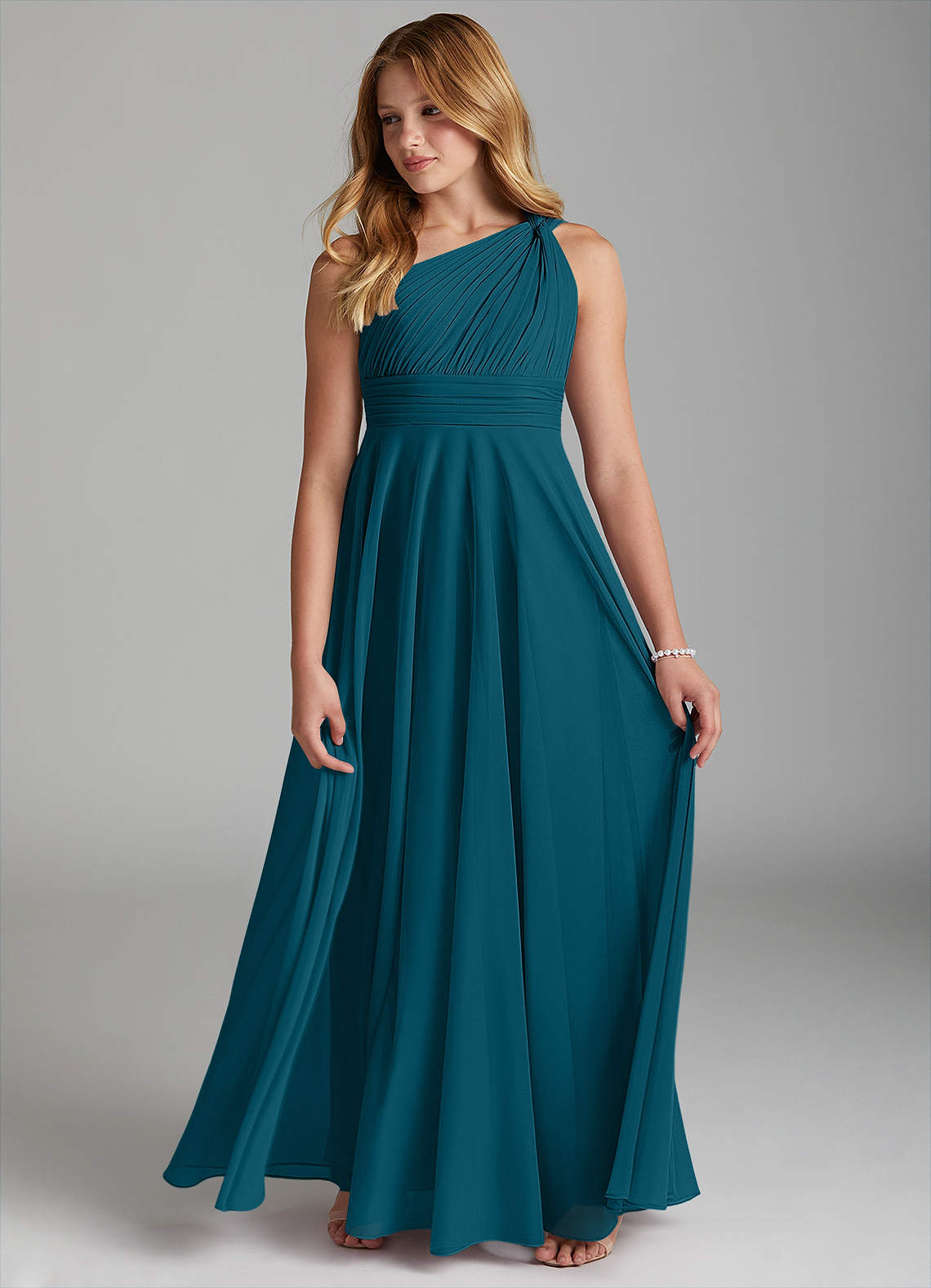 Azazie Charlize Junior Ink Blue A-Line Mesh Dress image3