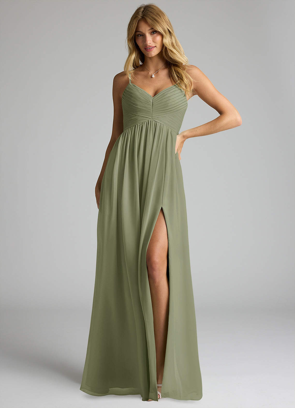 Azazie Alia Bridesmaid Dresses Pistachio A-Line Pleated Chiffon Dress image1