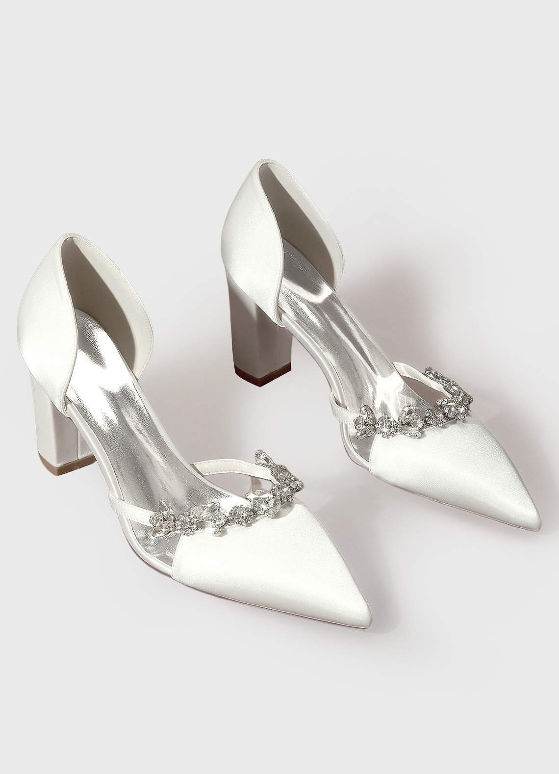 front Crystal Strap Pointed Toe Satin Pumps