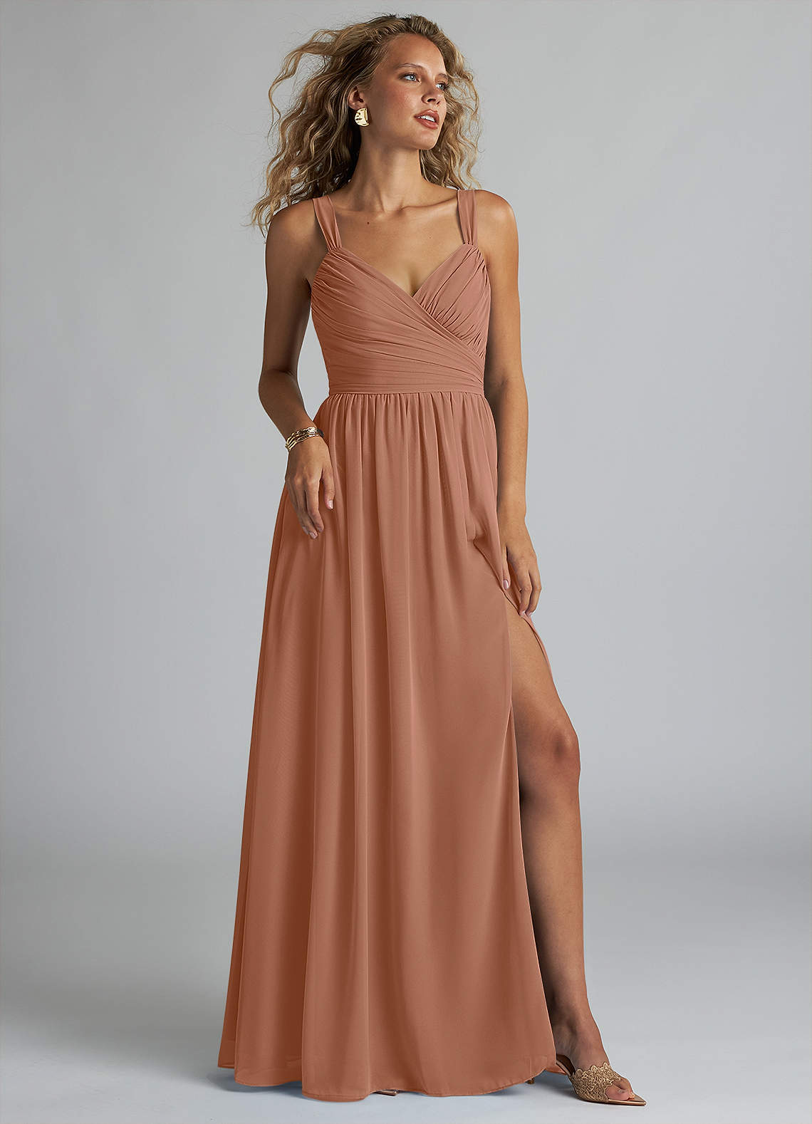 Azazie Aziza Bridesmaid Dresses Bronzer A-Line V-Neck Pleated Chiffon Dress image1