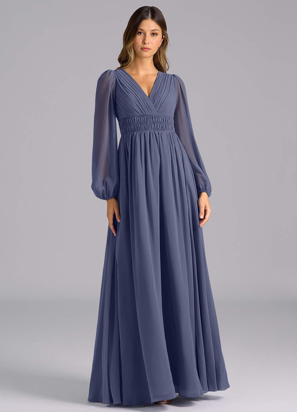 Azazie A-Line V-Neck Long Sleeve Floor-Length Chiffon Bridesmaid Dresses - Stormy