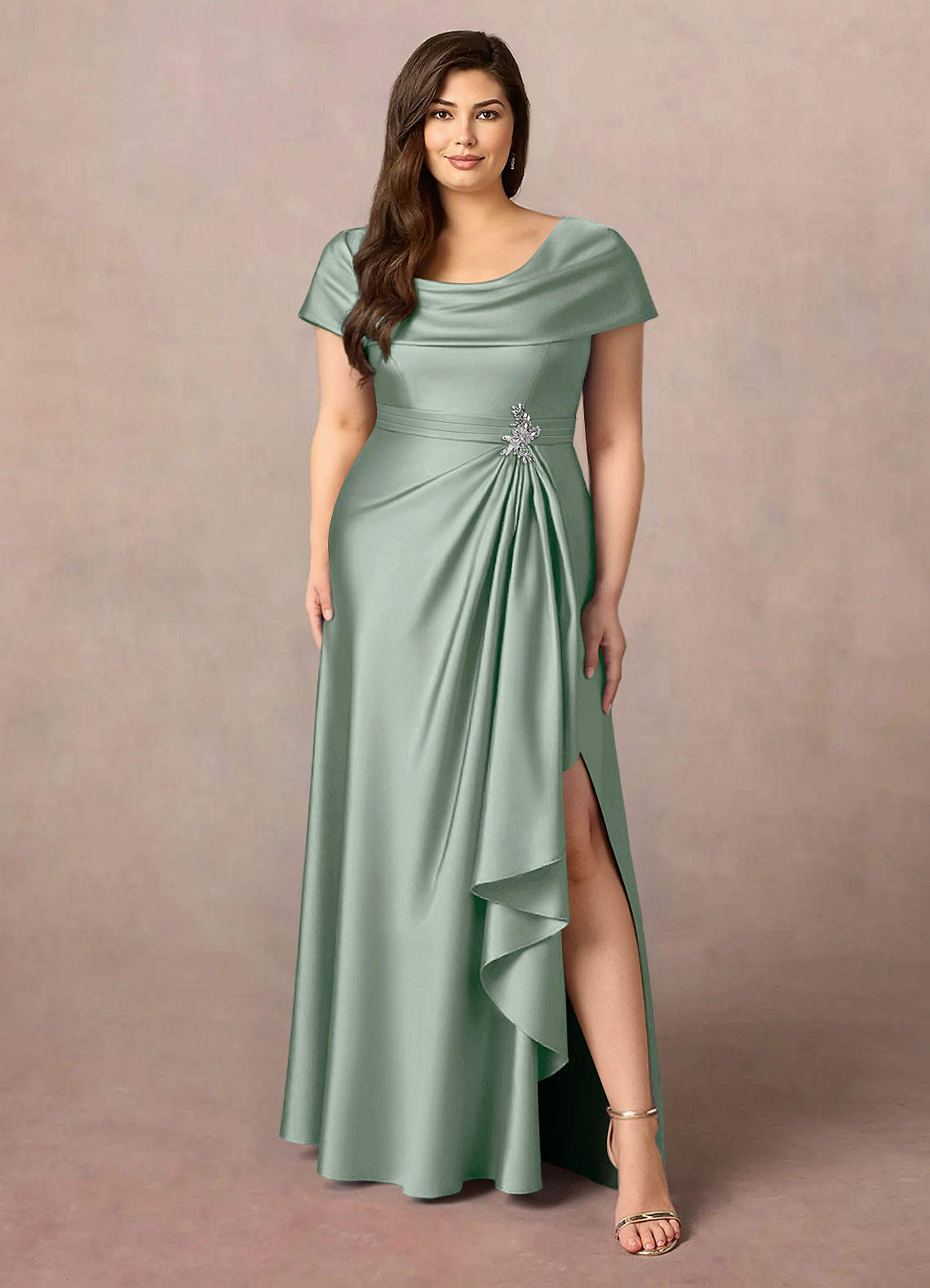 Azazie Branford vestidos de madre de la novia Vestido Agave de Satén Elástico de Corte en A con Plisado image1