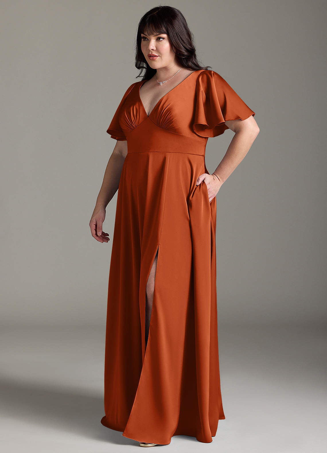 Azazie Kimber Bridesmaid Dresses Burnt Orange A-Line Ruched Stretch Satin Dress image9