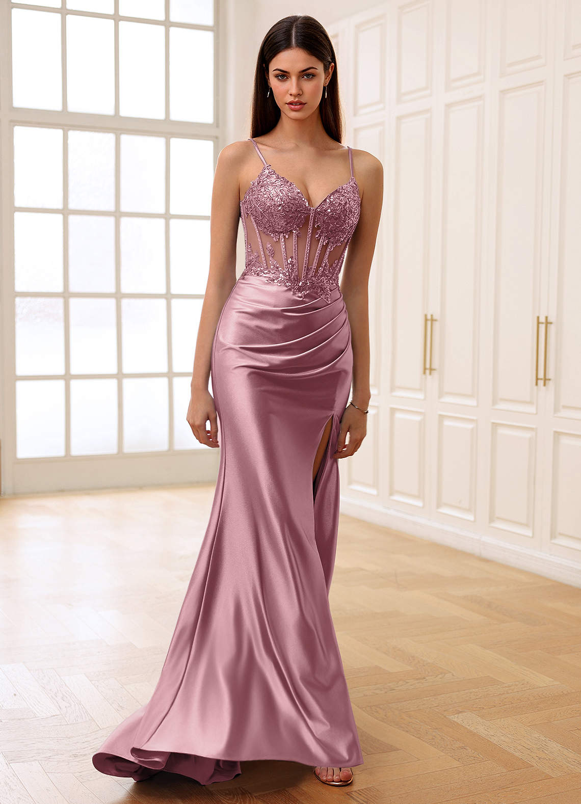 pink corset bridesmaid dress Luuvis Women Pink Corset Prom Dress Sparkly Mermaid Strapless Formal Dress  with Beading Split Front