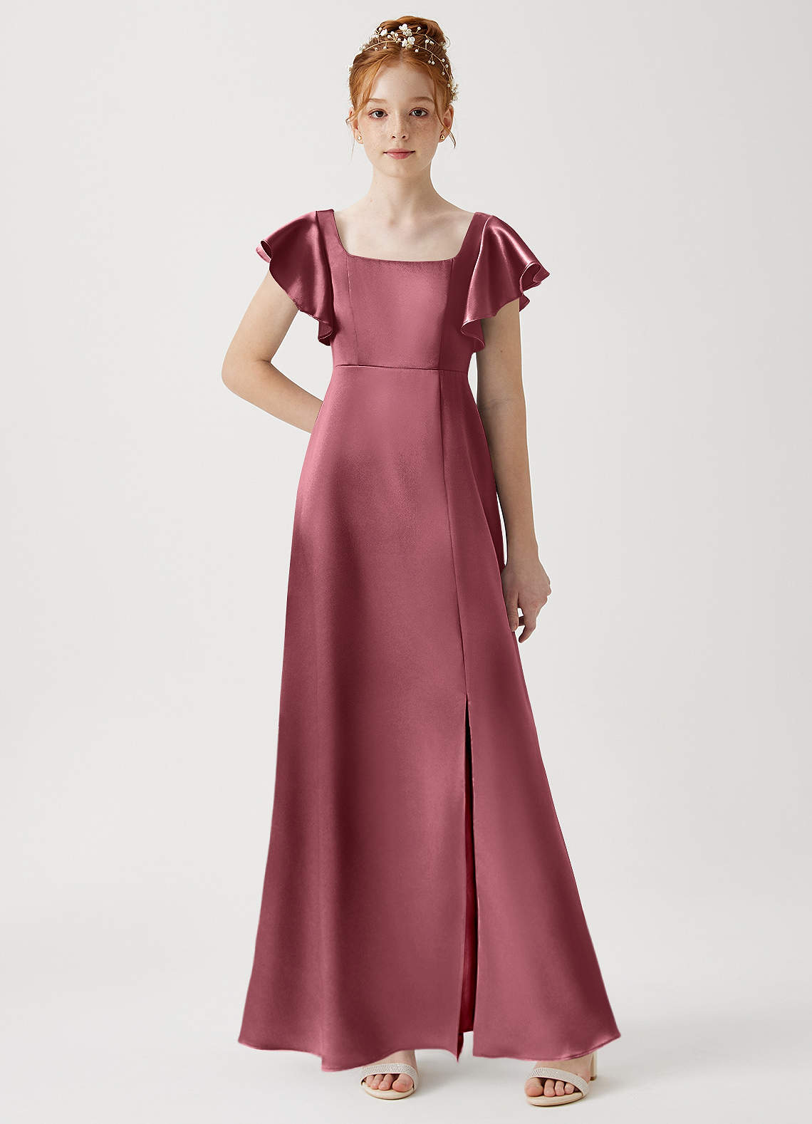 Azazie Bondi Junior Desert Rose A-Line Side Slit Metallic Satin Dress image1