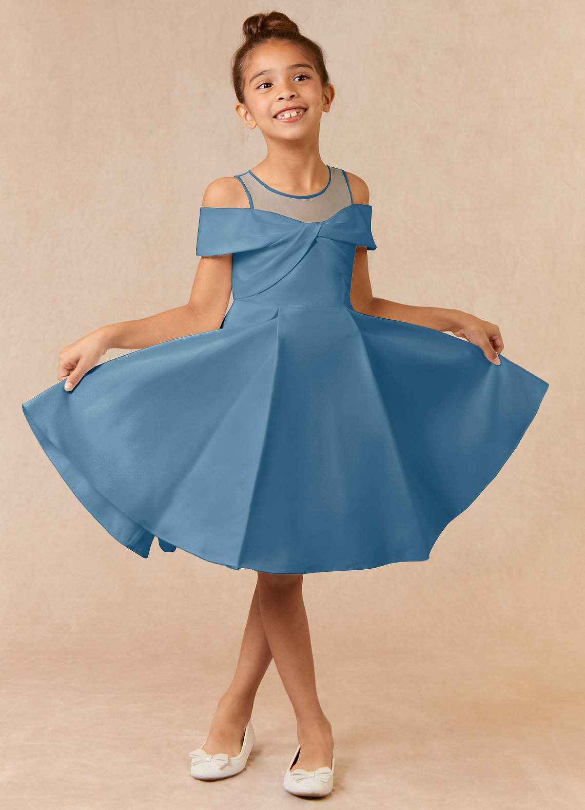 Azazie Shirin vestidos de niña de las flores Vestido de Azul Acero de Satin Mate de Corte En A con Vestidos sin tirantes image1