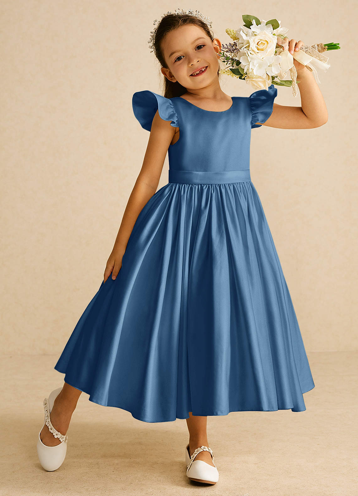 Azazie Ball Gown Scoop Neck Tea Length Matte Satin Flower Girl Dresses Twilight