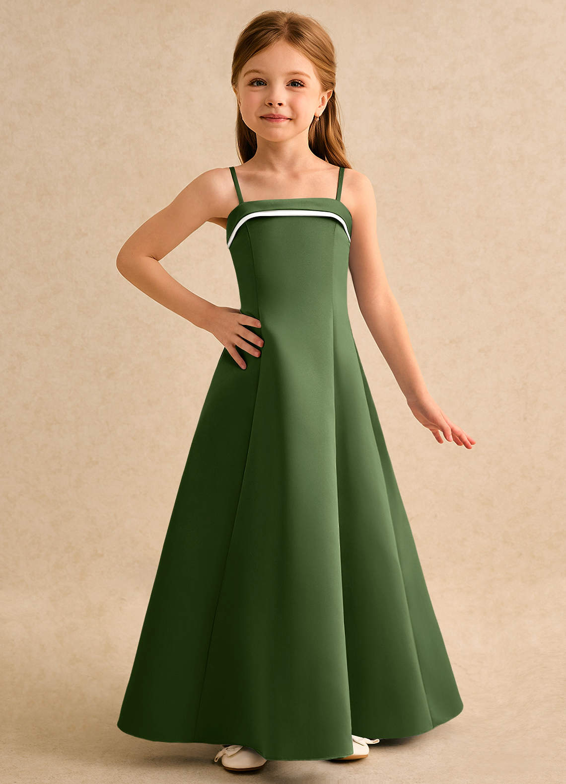 Azazie Izel Girls Formal Ivory Olive A-Line Pleated Matte Satin Dress |  Azazie
