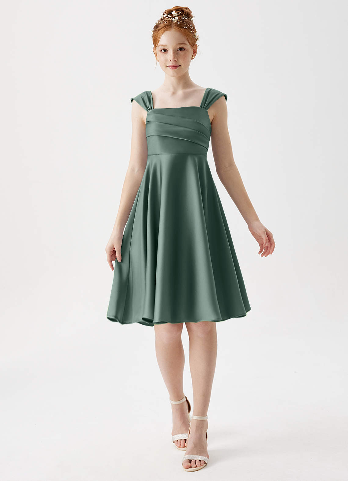 Azazie Amira Junior Sea Moss A-Line Pleated Stretch Satin Dress image1