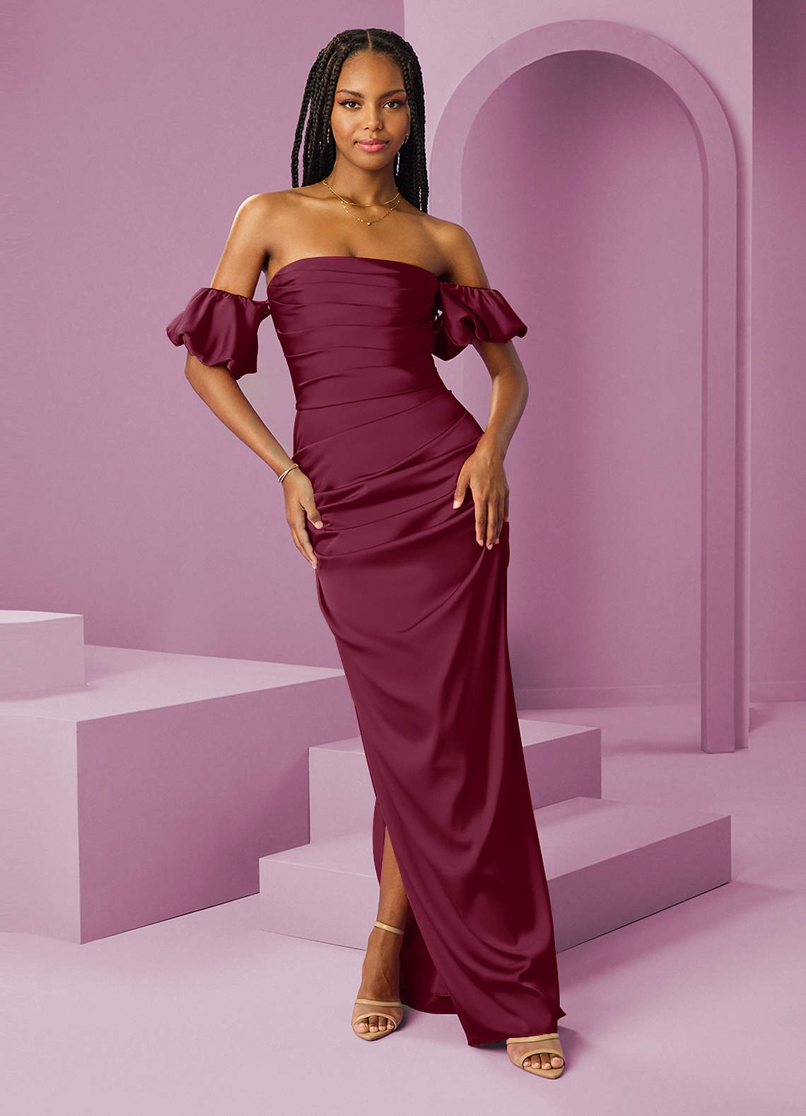 Barbie ♥ Azazie Vestidos de damas de honor Vestido de Mora de Satén Elástico de Corte Recto Convertible con Vestidos sin tirantes image1