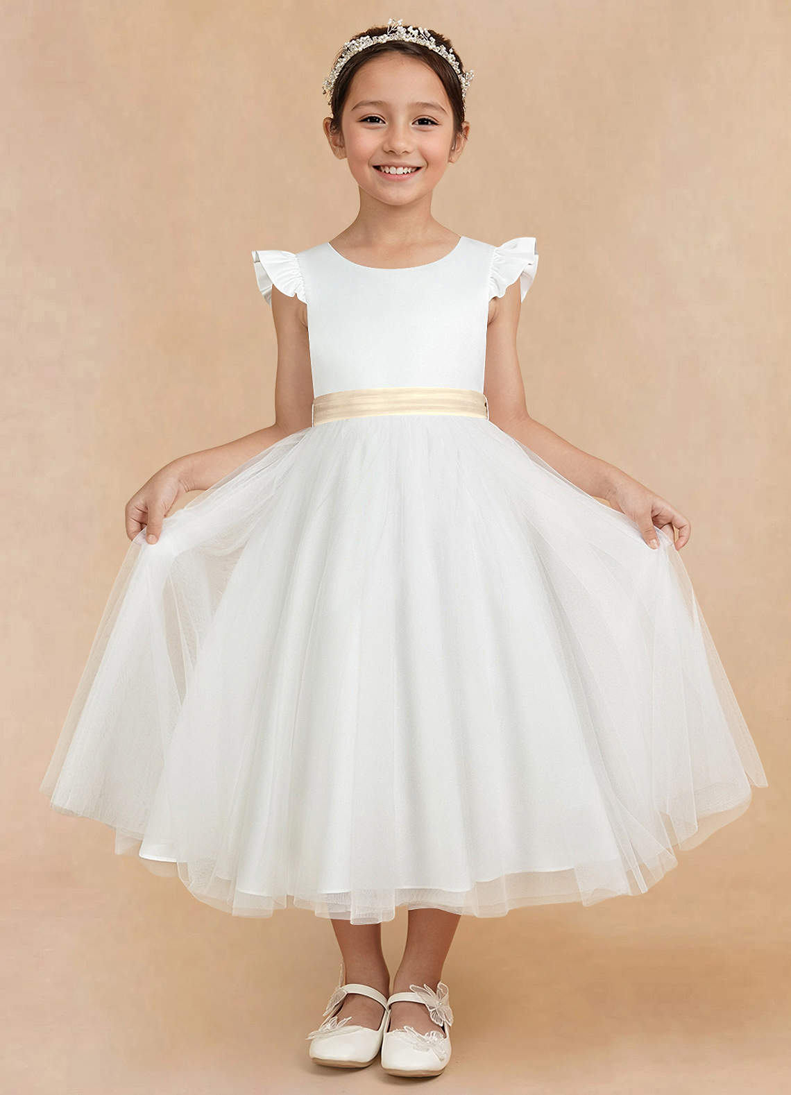 Azazie Hemi Flower Girl Dresses Ivory Champagne A-Line Bow Tulle Dress image2