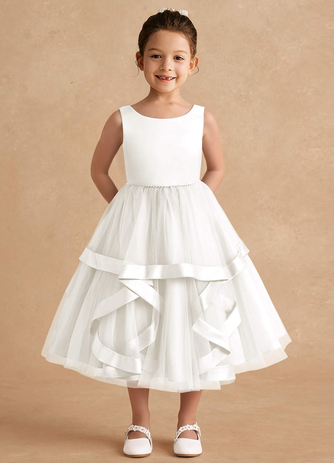 Azazie Posy Flower Girl Dresses Ivory A-Line Beaded Tulle Dress image1