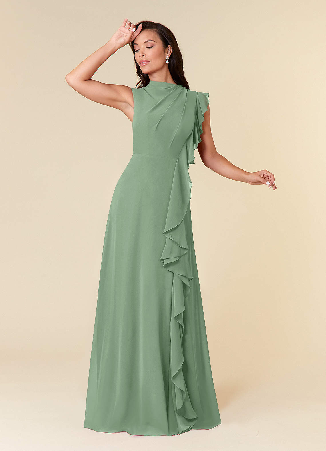 Azazie Narine Mother of the Bride Dresses Matcha A-Line High Neckline Pleated Chiffon Dress image1