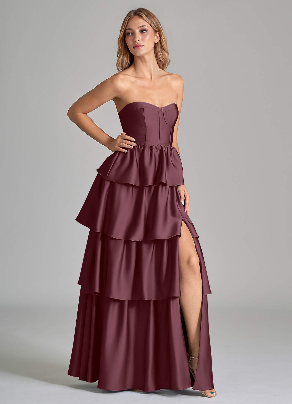 Azazie Faye Bridesmaid Dresses Sangria A-Line Ruched Stretch Satin Dress image1