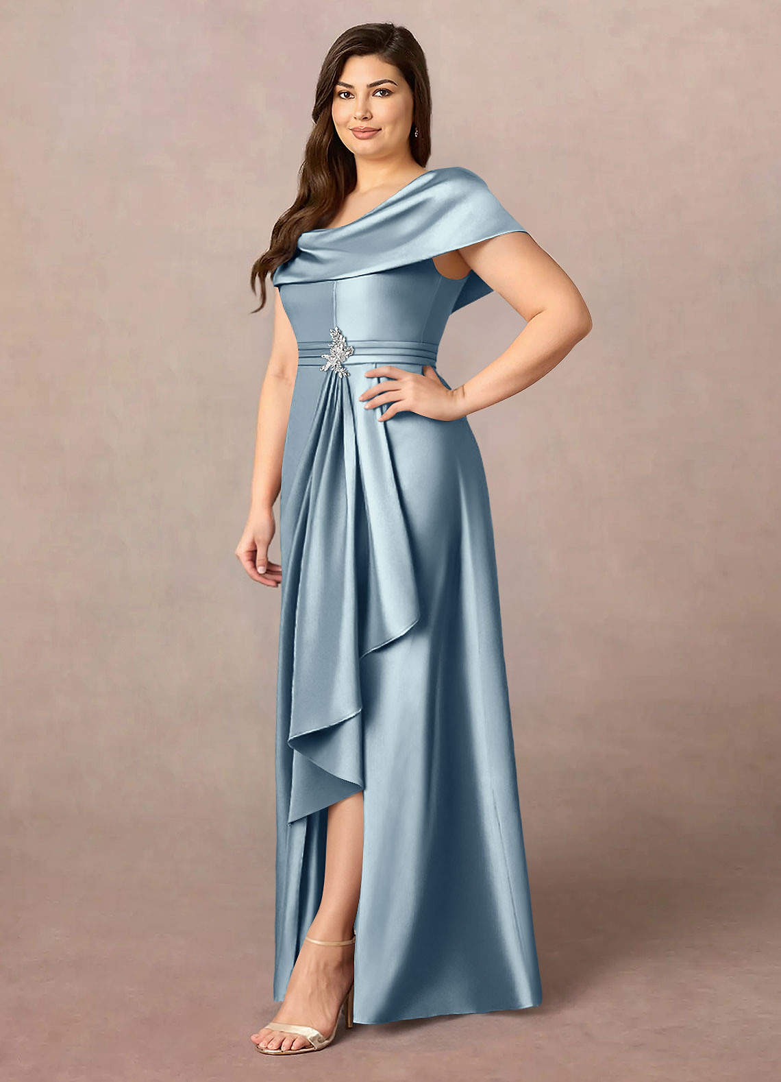 Azazie Branford Mother of the Bride Dresses Dusty Blue A-Line Pleated Stretch Satin Dress image10