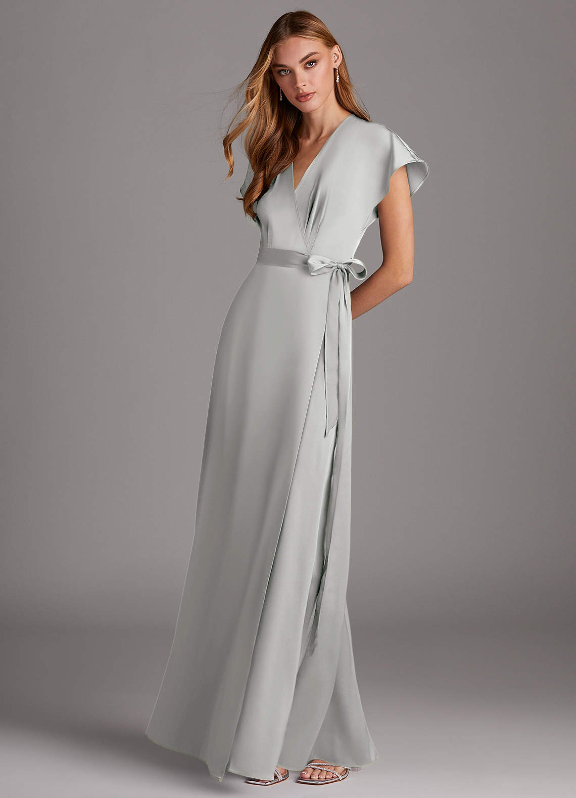 grey satin wrap dress Azazie Nico strappy flowy maxi dress