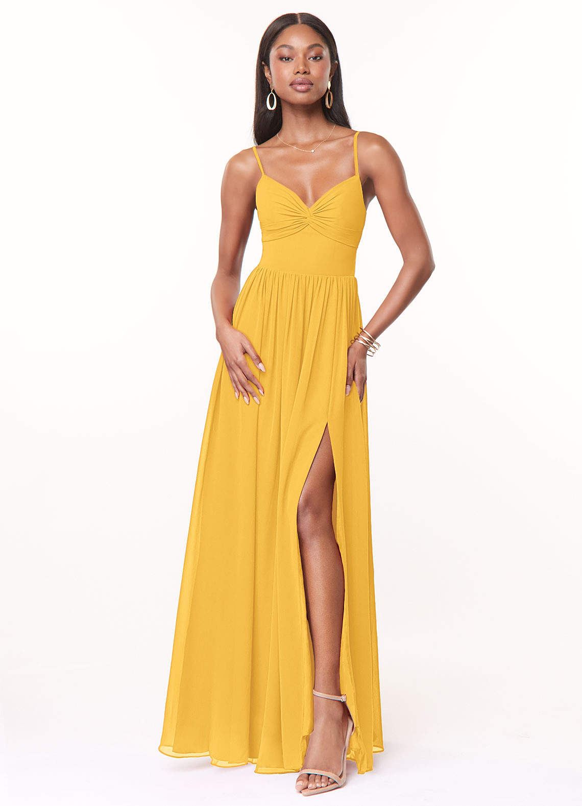 Pleated V-Neck Spaghetti Strap High Slit Bridesmaid Dress