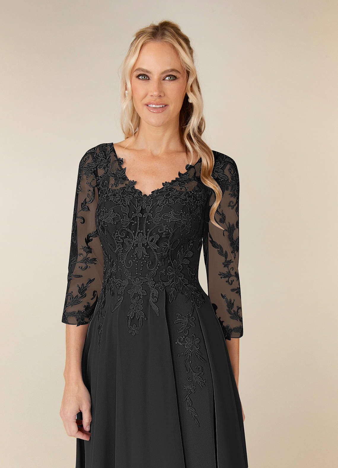 Azazie Noella Black A-Line V-Neck Lace Chiffon Dress | Azazie DE