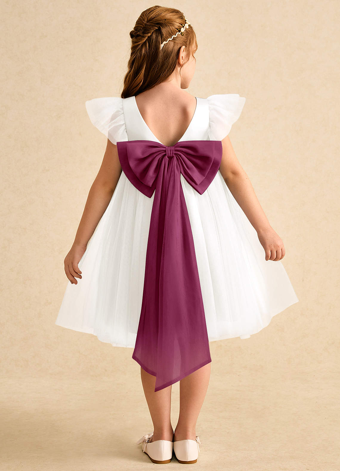 Azazie Munchkin Flower Girl Dresses Ivory Mulberry A-Line Bow Tulle Dress image1