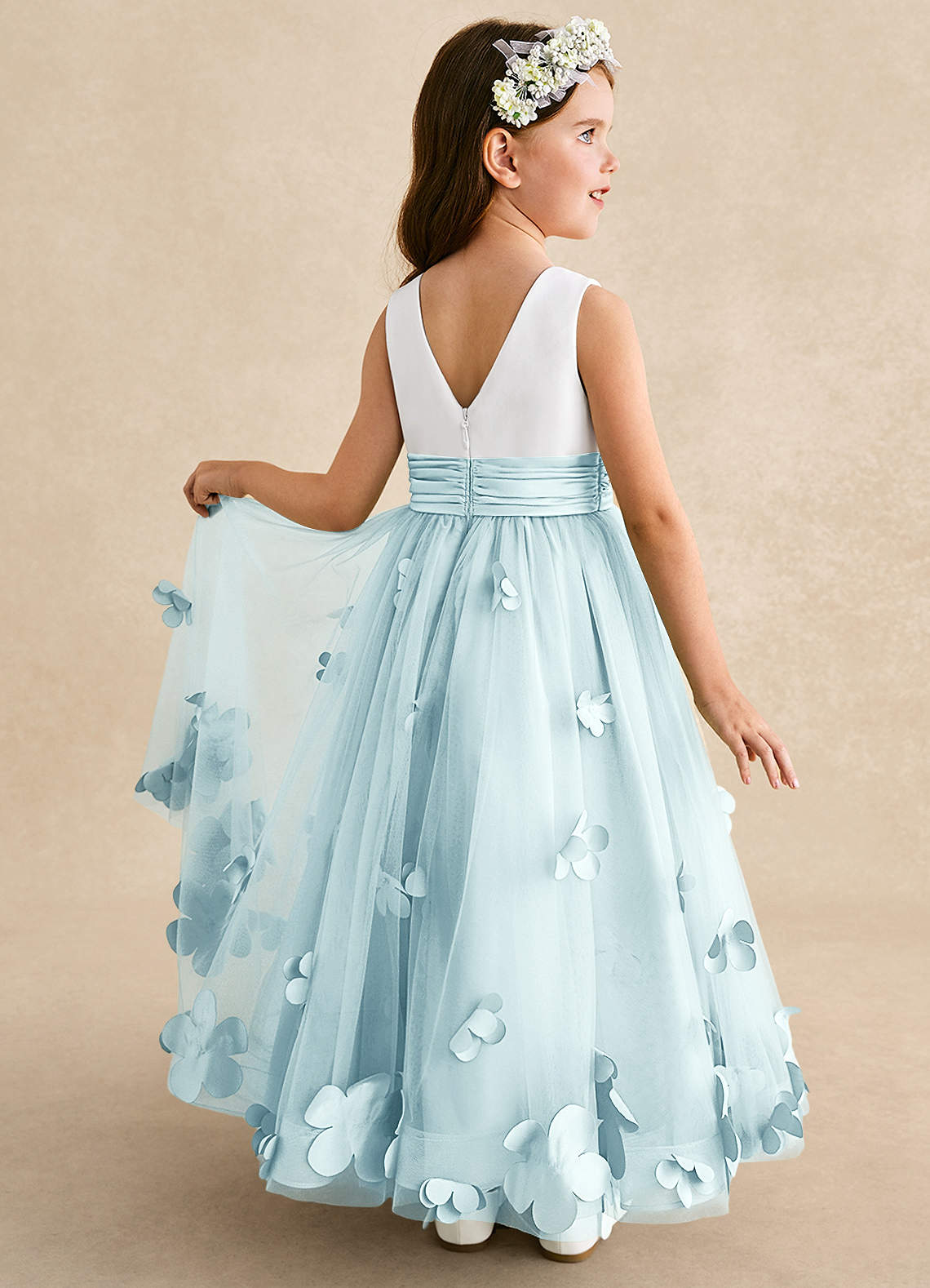 Azazie Vi Flower Girl Dresses Sea Glass A-Line Sleeveless Tulle Dress image1