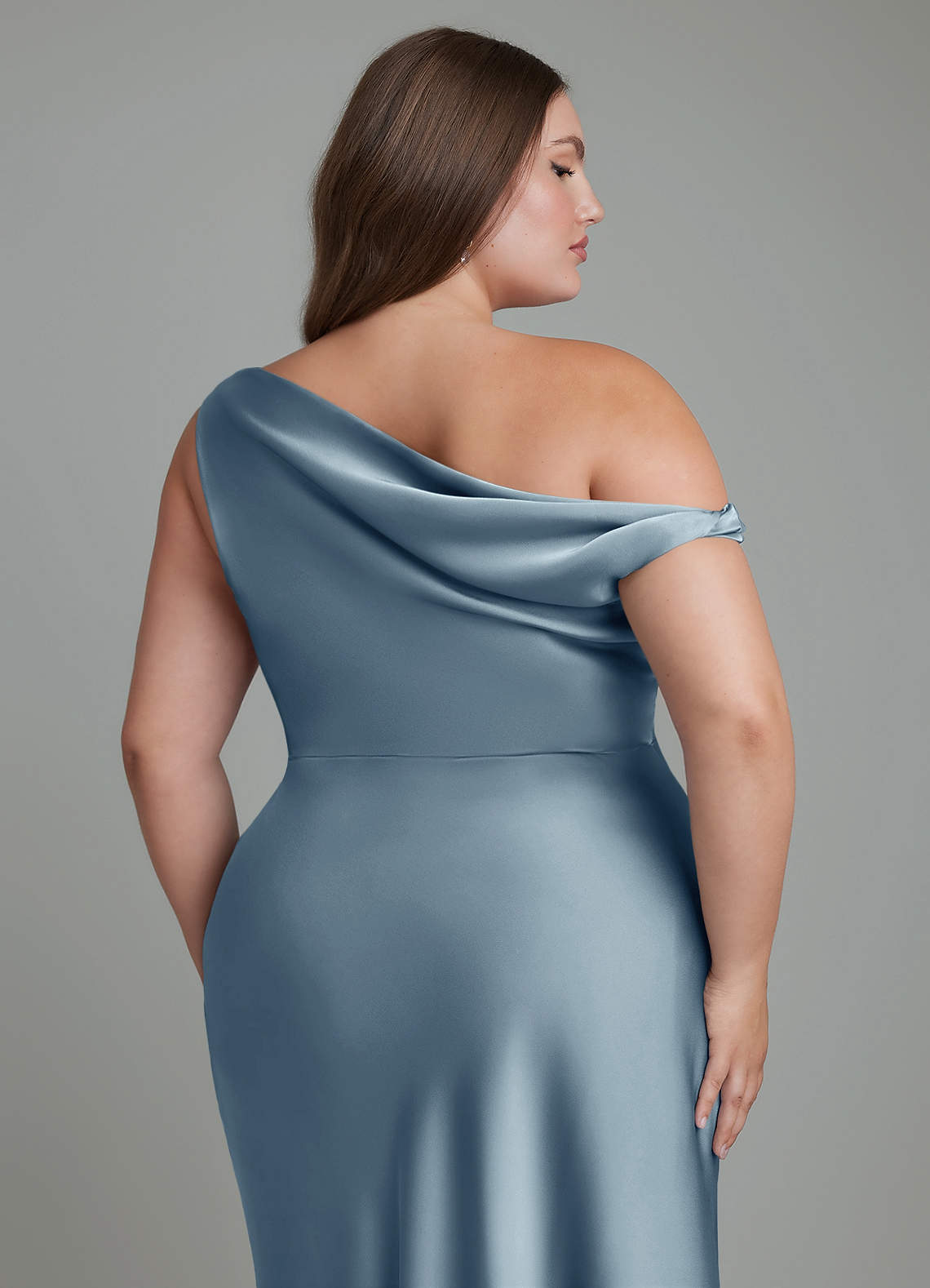 Azazie Emerson Bridesmaid Dresses Dusty Blue Mermaid Off the Shoulder Stretch Satin Dress image12