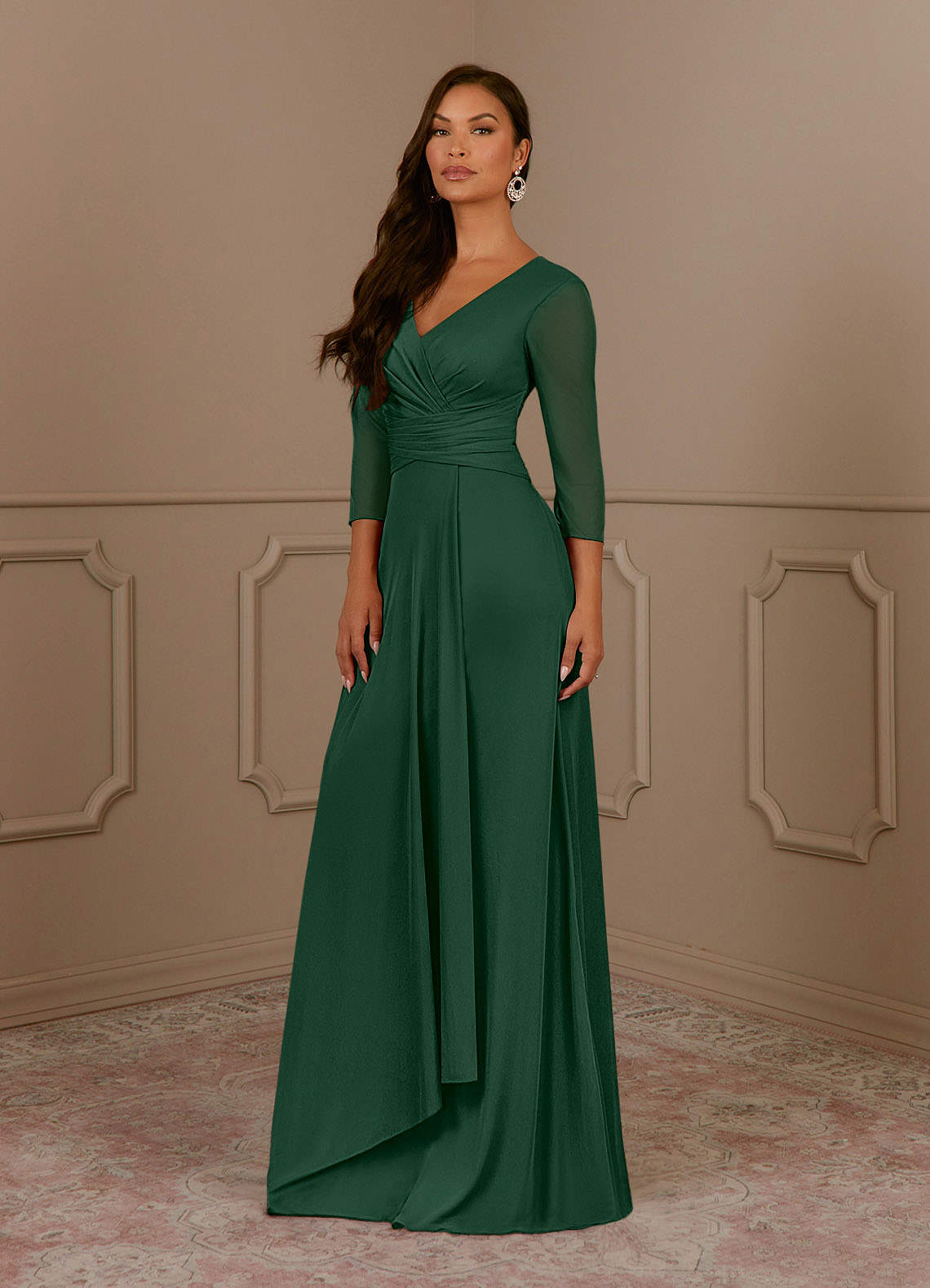 Azazie Annetta Mother of the Bride Dresses Dark Green A-Line V-Neck Pleated Mesh Dress image1