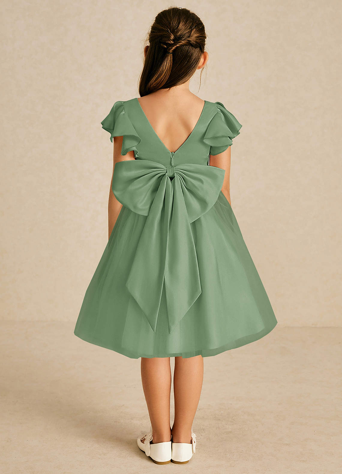 Azazie Kaeya Flower Girl Dresses Matcha A-Line Bow Tulle Dress image1
