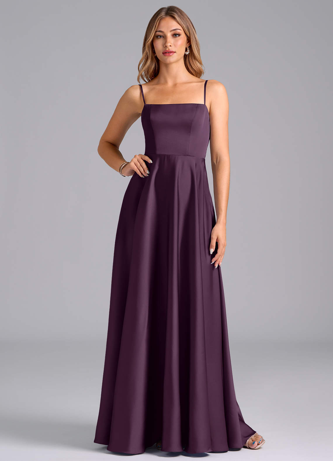 Azazie Elita Bridesmaid Dresses Plum A-Line Pleated Stretch Satin Dress image1