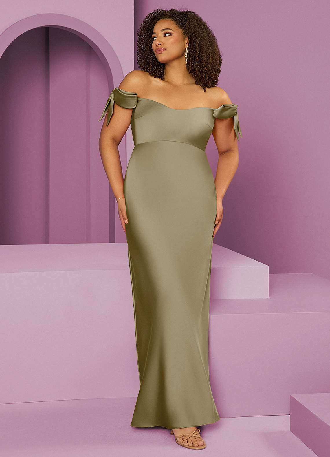 Barbie ♥ Azazie Bridesmaid Dresses Moss Green Sheath Off the Shoulder Stretch Satin Convertible Dress image1