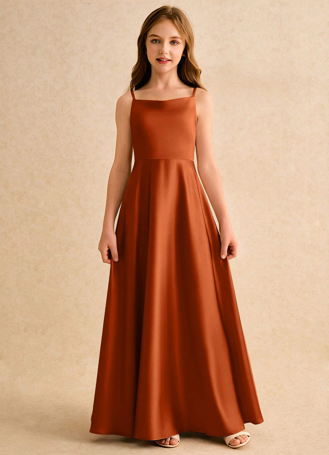Azazie Joella Girls Formal Flower Girl Dresses Burnt Orange A-Line Pleated Stretch Satin Dress image3