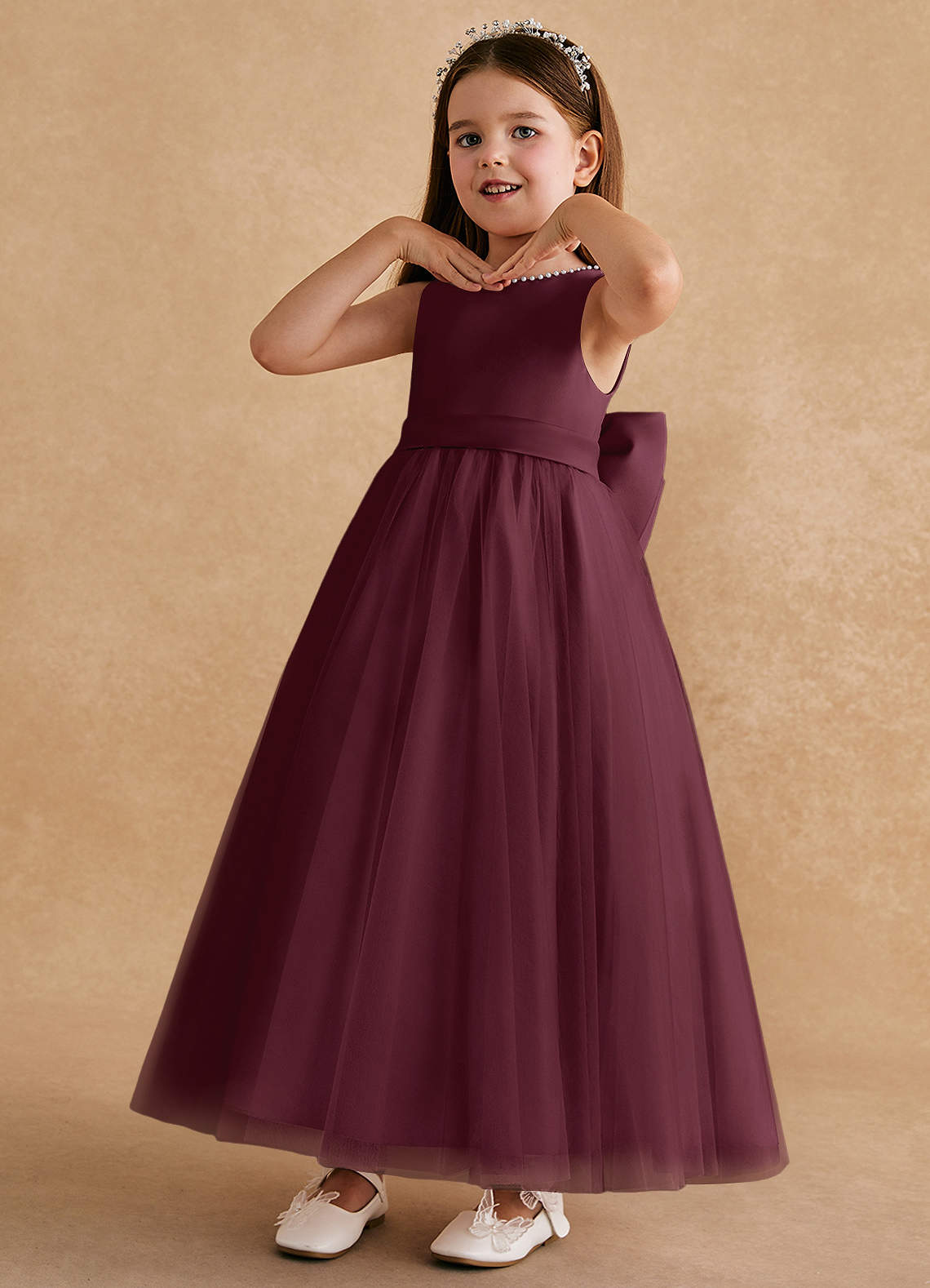 Azazie Cookie Flower Girl Dresses Cabernet A-Line Bow Tulle Dress image3