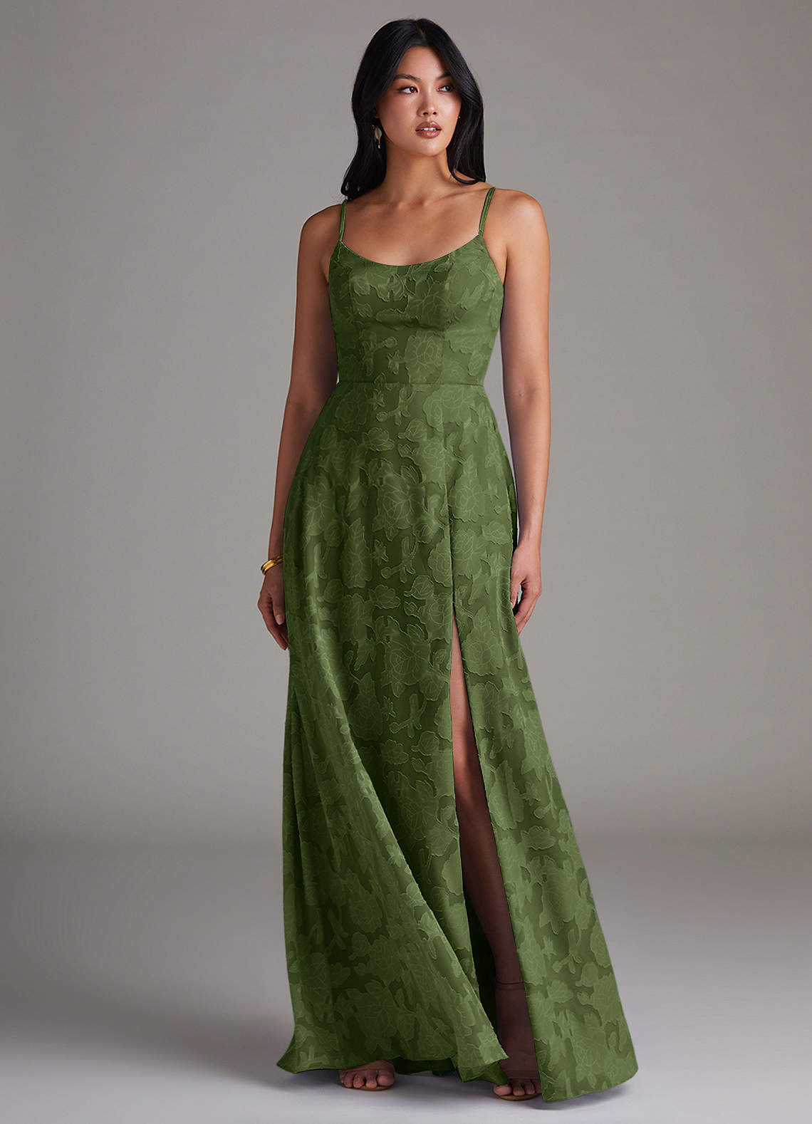 Azazie Moira Vestidos de madrinha de casamento Vestido Oliva de Esgotamento Floral de Linha A com Racha Lateral image3