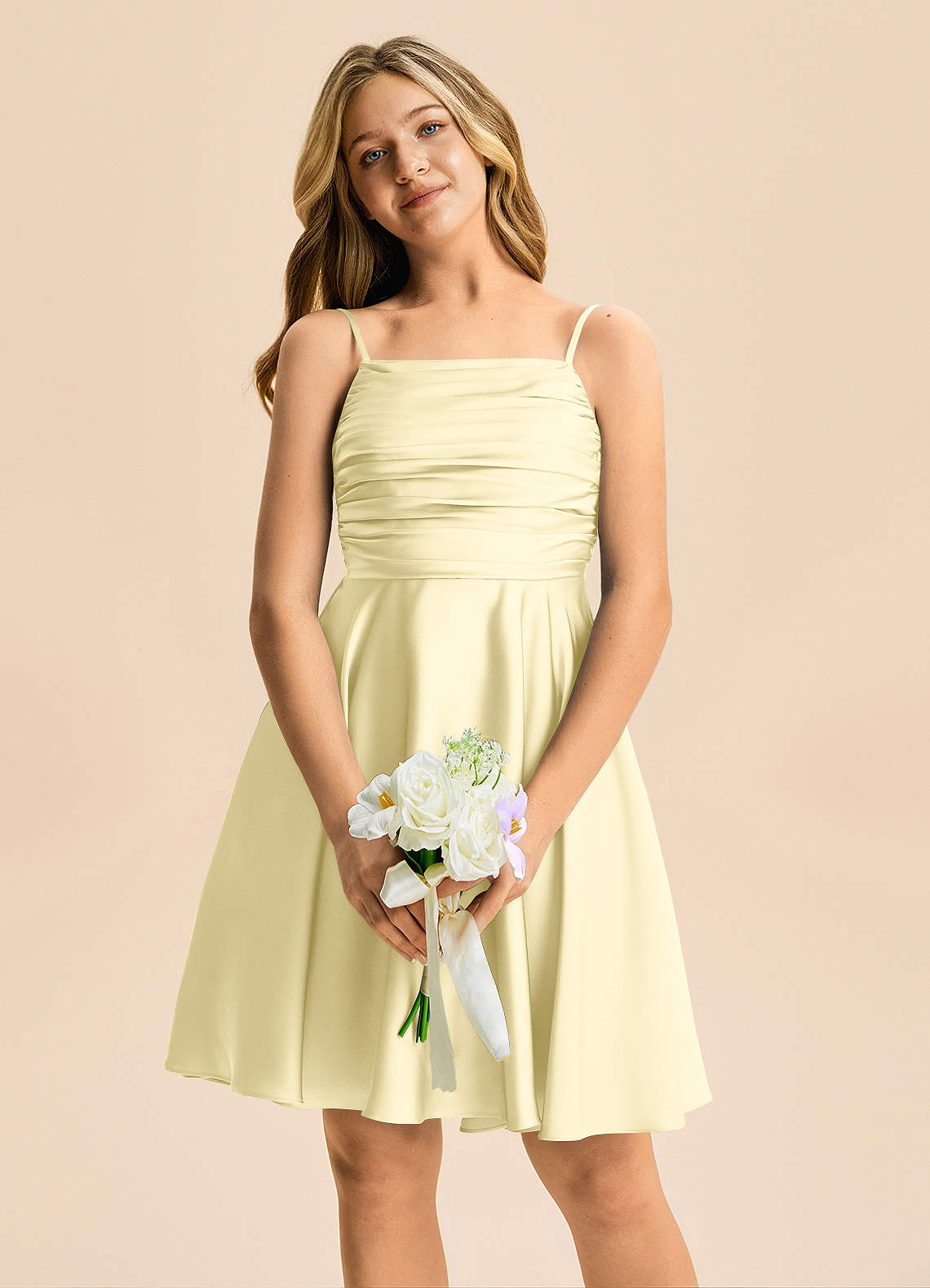 Azazie Miko Junior Vestido de Sorbete De Limón de Satén Elástico de Corte en A con Plisado image5