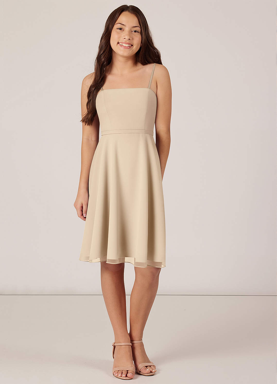 Azazie Kalie Junior Champagne A-Line with Belt Chiffon Dress image1