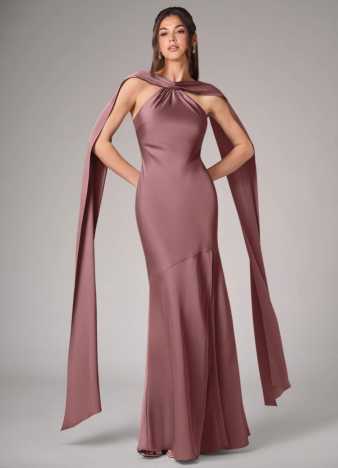 Azazie Kinsley Bridesmaid Dresses Vintage Mauve Mermaid Side Slit Stretch Satin Dress image1