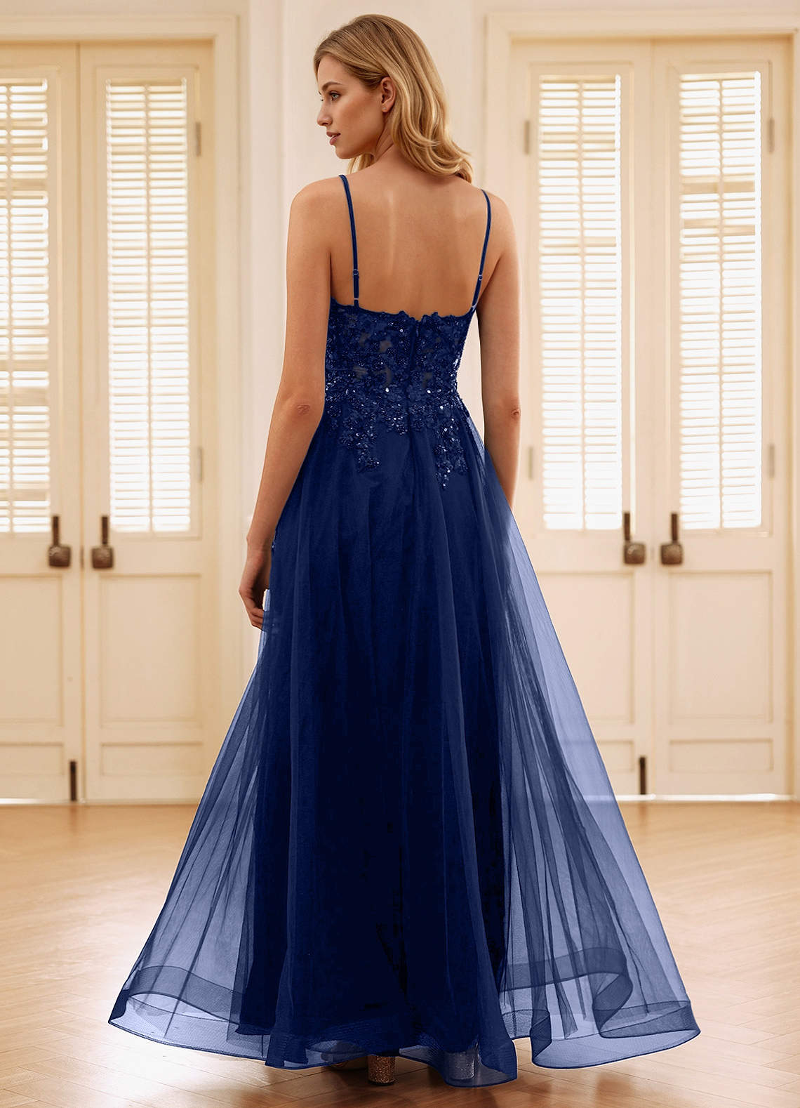 Quinne Navy Rhinestone Sheer Tulle Prom Dress | Azazie